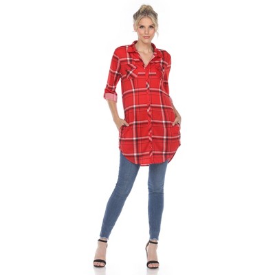 Women's Printed Plaid Roll Tab Tunic - White Mark