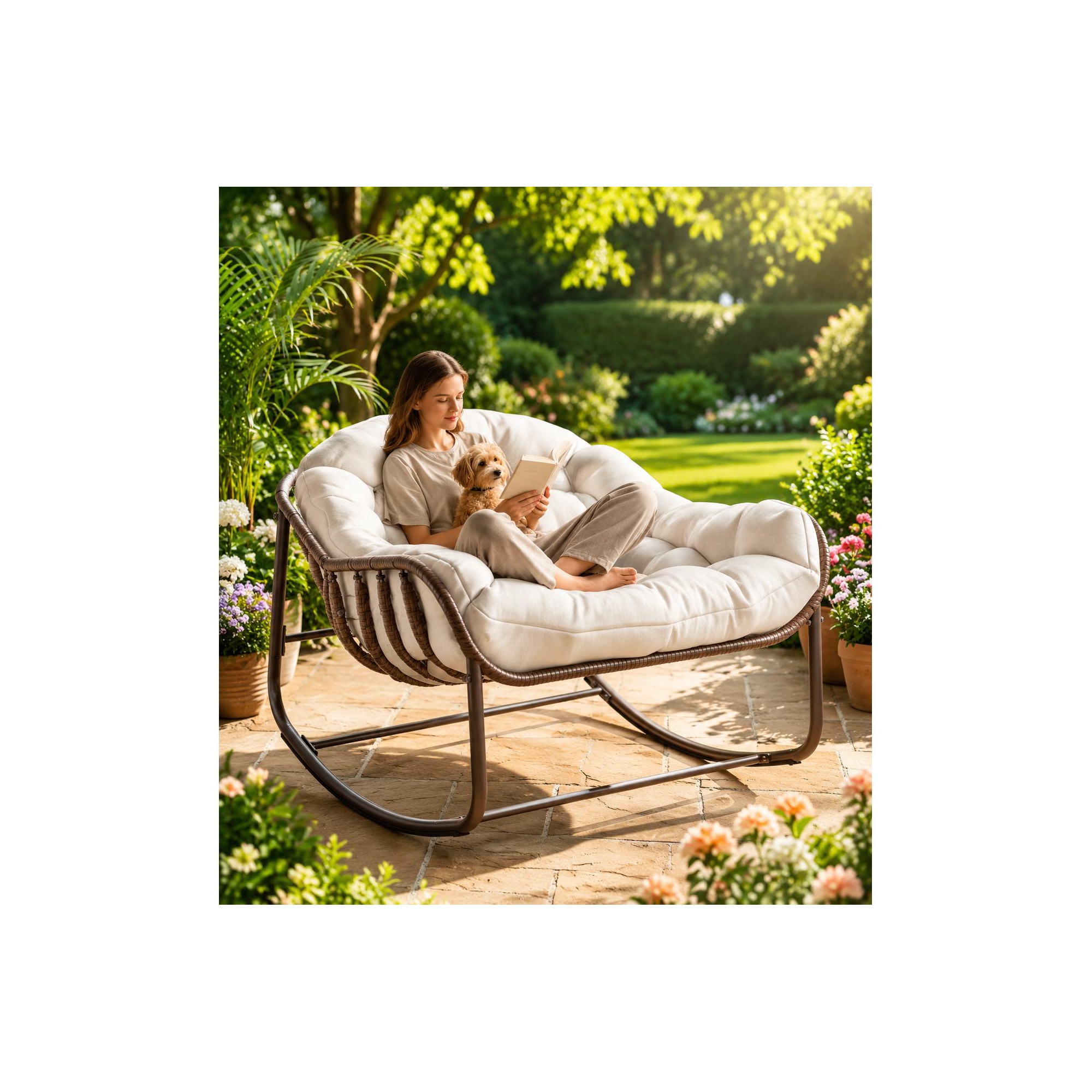 COZONY Oversized Papasan Rocking Chair, Comfy Egg Chair Rocker with Cushion, 450 LBS Heavy Duty Rocking Chair for Patio, Porch, Garden, Bedroom, Lawn