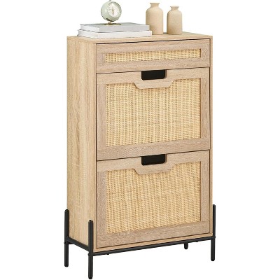 Natural Rattan Shoe Cabinet with 2 Flip Doors and 1 Drawer, Freestanding Shoe Organizer for Entryway, Hallway