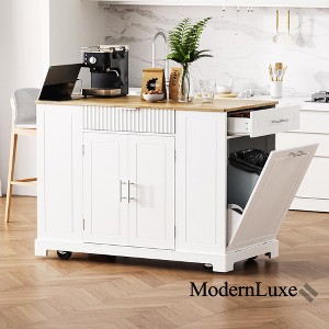 Fluted Kitchen Island with Trash Can Storage Cabinet, Farmhouse Rolling Kitchen Cart with Power Outlet, Drawer & Storage Racks - ModernLuxe - 1 of 4
