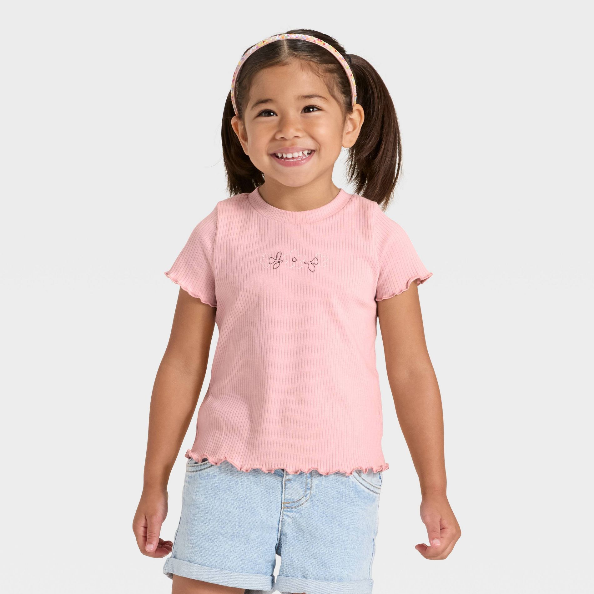 Toddler Girls' Short Sleeve Flower Ribbed T-Shirt - Cat & Jack™ Light Mauve 3T