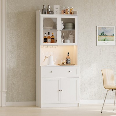 Coffee Bar Cabinet With Power Outlets LED Lights, Tall Buffet Cabinet With Glass Rack, Freestanding Home Liquor Bar Cabinet For Living Room