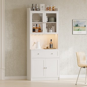 Coffee Bar Cabinet With Power Outlets LED Lights, Tall Buffet Cabinet With Glass Rack, Freestanding Home Liquor Bar Cabinet For Living Room - 1 of 4