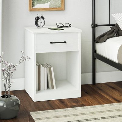 White Laminated Particleboard Nightstand with Drawer and Cubby