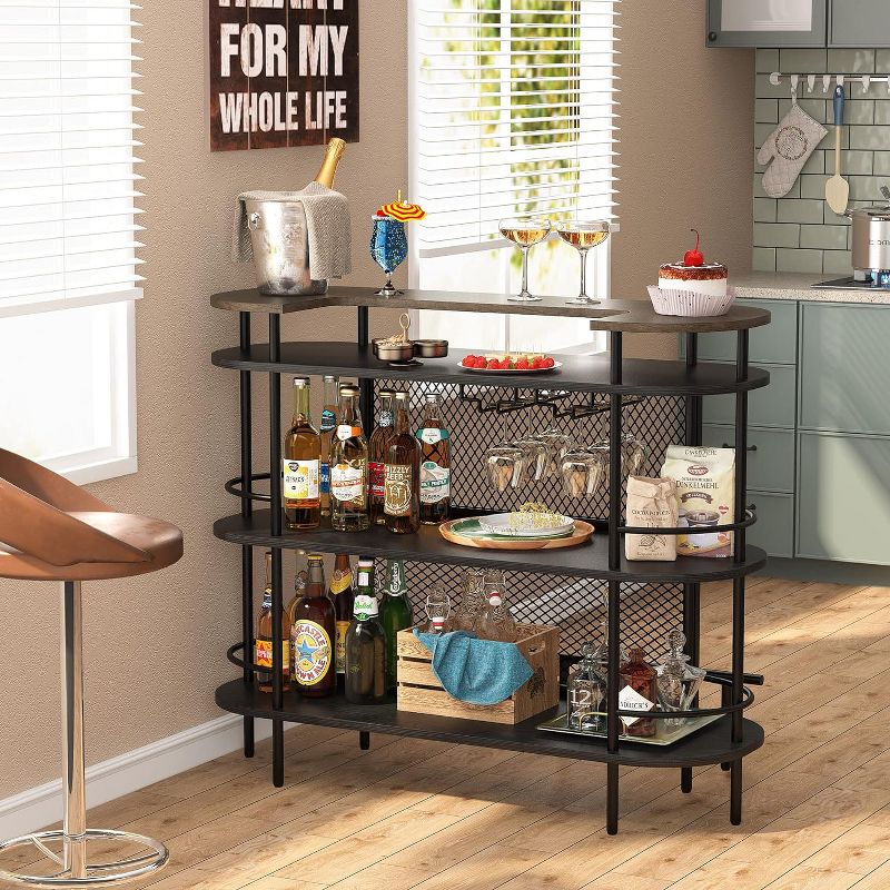 Tribesigns Bar Table with Storage Shelves and Foot Rail, Corner Mini Bar Cabinet with Glasses Holder for Home, Black and Walnut, 5 of 10