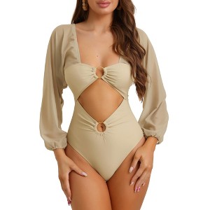 Elerevyo Women's Cut Out Ring Plunge Neck Shirred Long Sleeves Mesh Tummy Control Monokini Swimsuit 1 Pc - 1 of 4