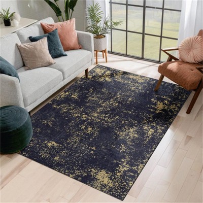 SKRAN Area Rugs, Washable Rug, Low-Pile, Non-Slip, Non-Shedding, Foldable for Living Room, Bedroom, Kitchen, Dining Room Rug, (Black/Gold)
