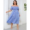 Womens Puff Sleeve Summer Floral Dress Plus Size Smocked Ruffle Square Neck Casual Dress Cute Midi Dress Blue Flower 3XL - 2 of 4