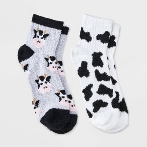 Women's Cows 2pk Cozy Quarter Crew Socks - Black/Grey/White 4-10 - 1 of 3