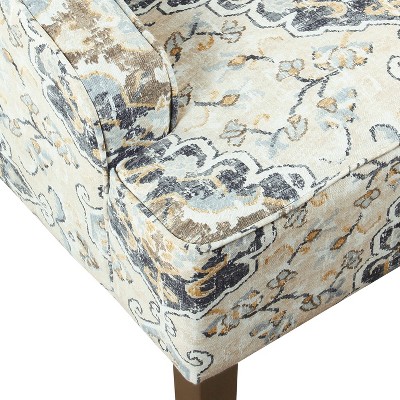 Geometric Patterned Off-White Swoop Arm Accent Chair with Wood Legs