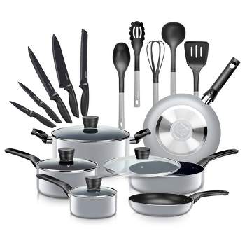 SereneLife 20 Piece Kitchenware Pots & Pans Set – Basic Kitchen Cookware, Black Non-Stick Coating Inside, Heat Resistant Lacquer (Grey)