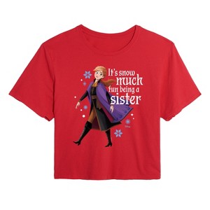 Women's - Frozen 2 - Snow Much Fun Being A Sister Anna Christmas Cropped Graphic T-Shirt - 1 of 4