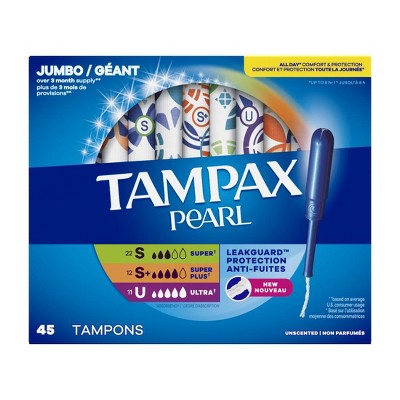 Tampax Pearl Tampons Multipack, with LeakGuard Braid, Super/Super Plus/Ultra Absorbency, Unscented, 45 Count