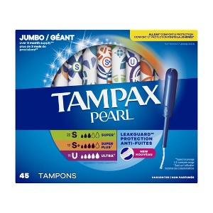 Tampax Pearl Tampons Multipack, with LeakGuard Braid, Super/Super Plus/Ultra Absorbency, Unscented, 45 Count - 1 of 1