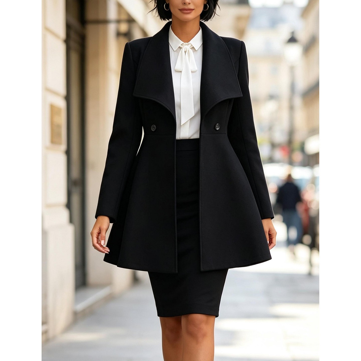 Женское пальто YesFashion Women Lapel Collar Wool Blend Coat, Mid‑Length Single Breasted Trench Overcoat, Slim Fit Long Sleeve Outerwear, S, Black, цвет: Чёрный — фото 1