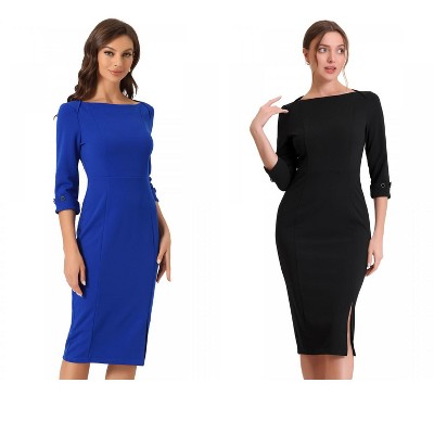 INSPIRE CHIC Women's Elegant Boat Neck 3/4 Sleeves Work Midi Split Sheath Dress 2 Packs