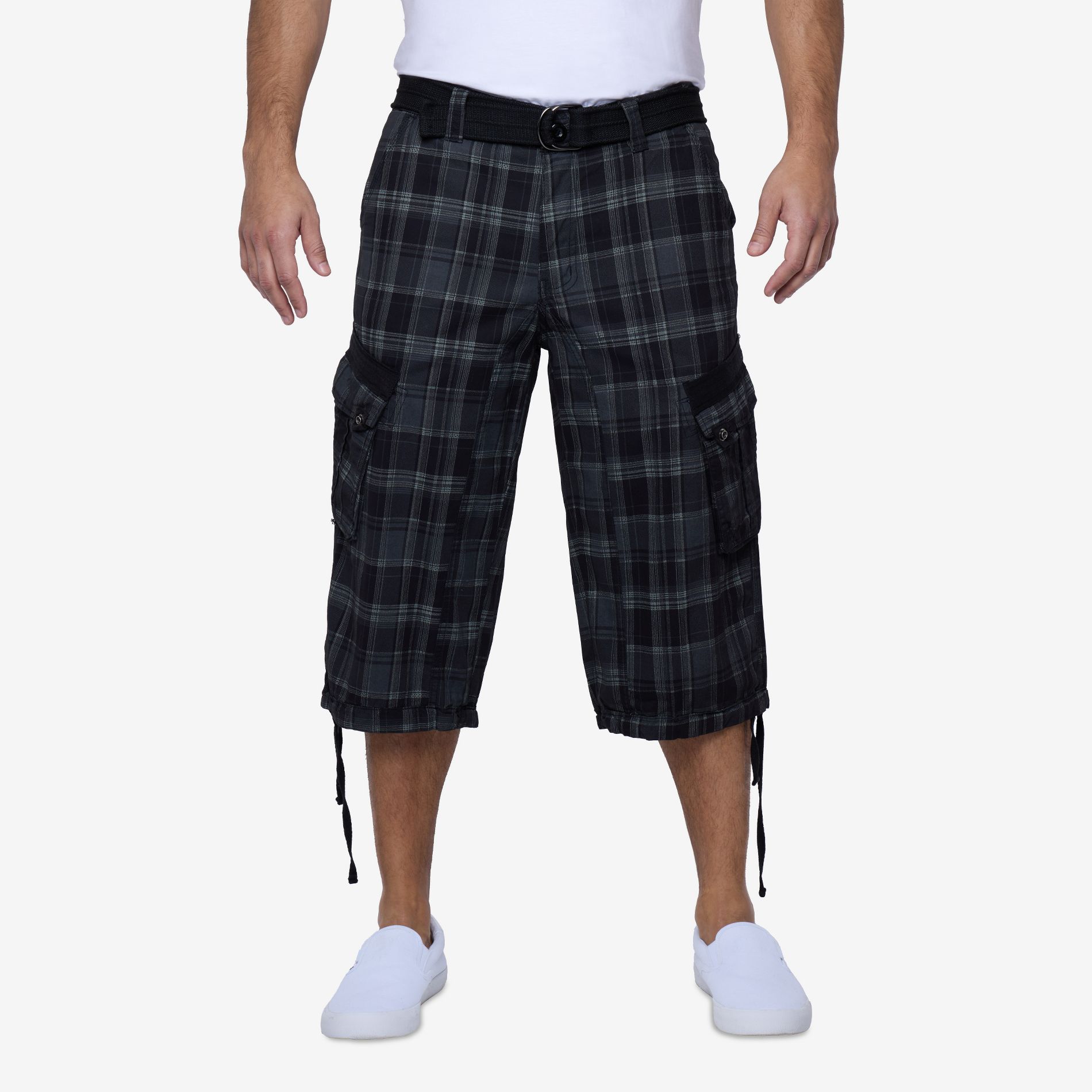 X RAY Men's Belted 18" Inseam Below Knee Long Cargo Shorts，Camo Shorts(plus size shorts in available) in PLAID CHARCOAL Size 28