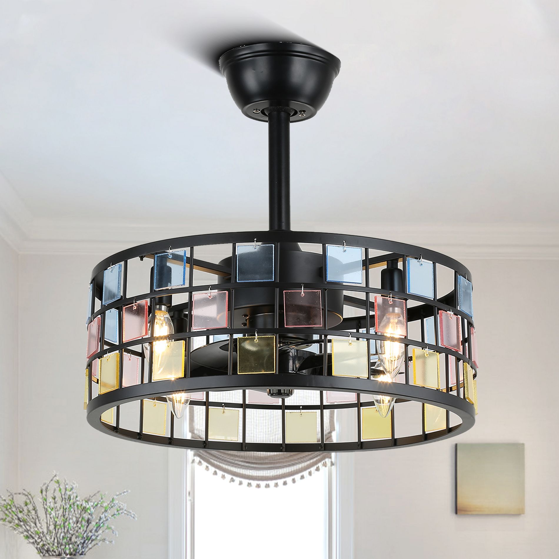 Bella Depot 18" Modern Metal Cage Ceiling Fan 3-Speed Reversible Blades with Remote Control and Light Kit(Bulbs not Included)