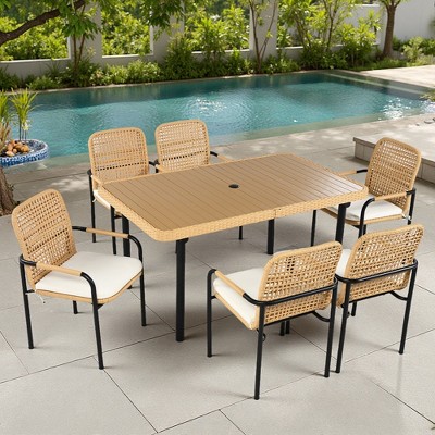 7-Piece Outdoor Patio Rattan Dining Set with Umbrella Hole and Cushions