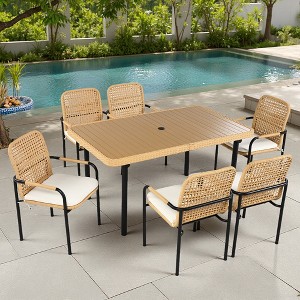 7-Piece Outdoor Patio Rattan Dining Set with Umbrella Hole and Cushions - 1 of 4