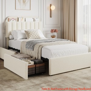 Twin/FULL/Queen/Twin XL Size Kids'Bed Frame with 2 Flexible Drawers, Boucle Upholstered Platform Bed Frame w/ Bookcase Headboard, Bedframe - 1 of 4