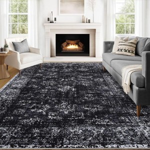 Area Rug 5x7 Washable Rug Non-Slip Vintage Floor Carpet Low Pile Pearl Velvet Soft Area Rug Non-Shedding Distressed Print Accent Rug Black - 1 of 4