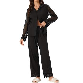 cheibear Women's Button Down Sheer-Mesh-Sleeve Sleepwear Shirt with Long Pants Pajama Set