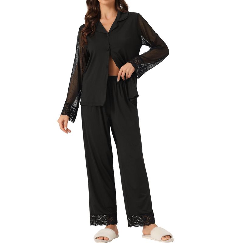 cheibear Women's Button Down Sheer-Mesh-Sleeve Sleepwear Shirt with Long Pants Pajama Set, 1 of 6
