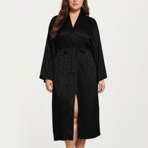 Anna-Kaci Lounge Women's Satin Jacquard Leopard Pattern Robe with Waist Tie Silky Fabric Wide Sleeves and Flowing Longline Silhouette - 1 of 4