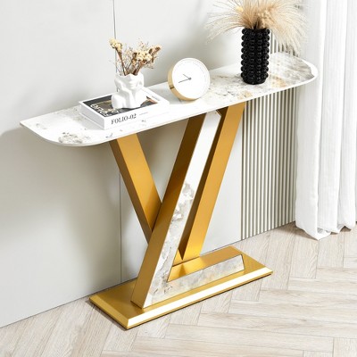 48-Inch Contemporary Entry Table with Curved Metal Base, Gold Finish for Hallway/Office