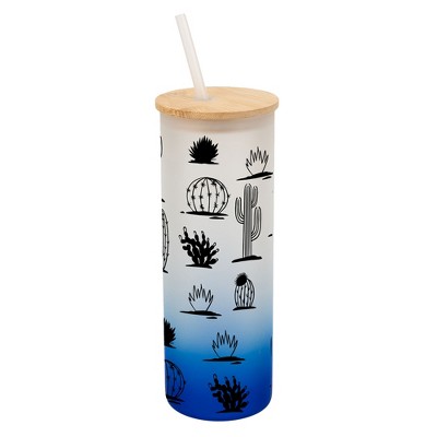 Elanze Designs Succulent Cactus Desert Plant Wrap-Around Design 25 Ounce Frosted Gradient Glass On-The-Go Coffee Travel Skinny Tumbler Mug Cup, Bamboo