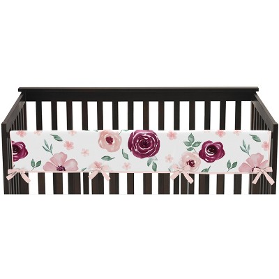 Image of Sweet Jojo Designs Girl Single Long Front Rail Guard Cover Watercolor Floral Burgundy Pink, Green and White