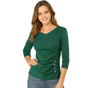 INSPIRE CHIC Women's V Neck 3/4 Sleeves Solid Knitted Buttons Decor Ruched Blouse - 1 of 4