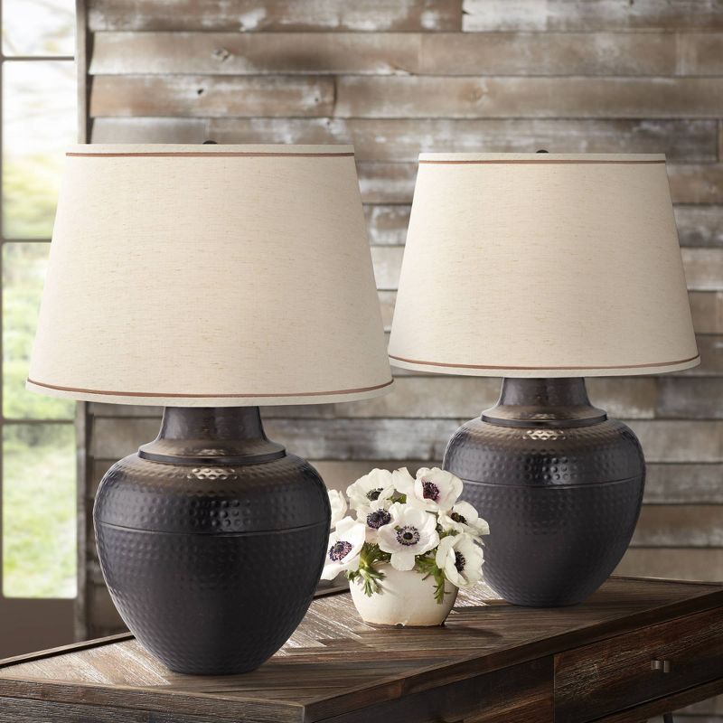 Barnes and Ivy Brighton Rustic Farmhouse Table Lamps 27 1/4" Tall Set of 2 Hammered Bronze Beige Linen Drum Shade for Bedroom Living Room Bedside Kids, 2 of 9