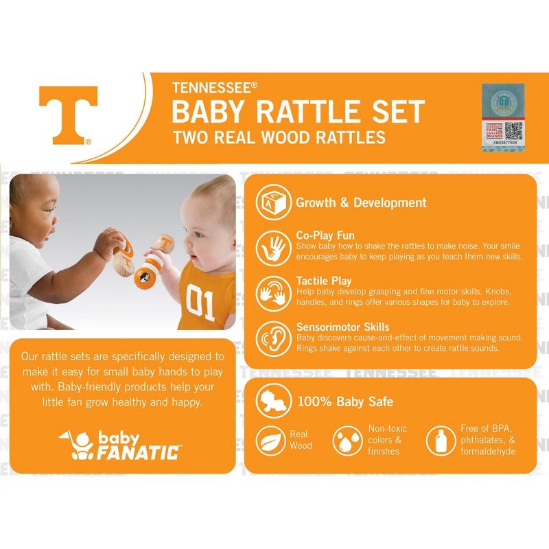 Baby Fanatic Wood Rattle 2 Pack - NCAA Tennessee Volunteers Baby Toy Set, 3 of 5