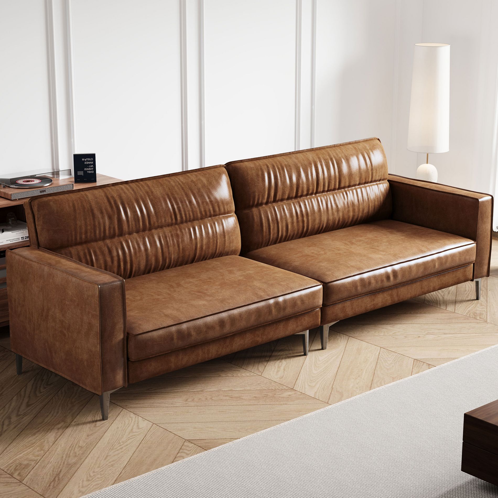 Luck Live 86.61 inch Luxury Brown Oil Wax Leather Couch – High-End Vintage Sofa with Sturdy Frame and Cozy Feel.