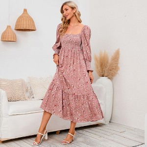 Women's Square Neck Smocked Top Long Sleeve Floral Maxi Dress Soft Breathable Ankle-Length Casual Boho Dress - 1 of 4