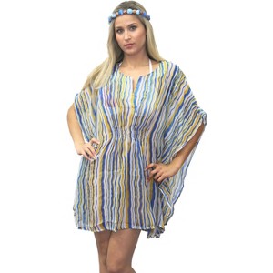 LA LEELA Women's Summer Vacation Mini Beachwear Bathing Suit Loose Beach Dress Hawaiian Swimsuit Cover Ups Small-Medium Blue, Stripe - 1 of 4