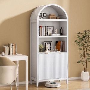 71 Inch Arched Tall Storage Cabinet with Doors, Oak Wood Finish, 3 Open Shelves & 2 Adjustable Shelves - 1 of 4