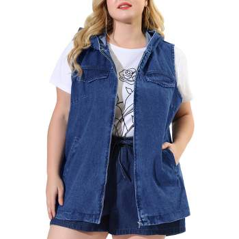 Agnes Orinda Women's Plus Size Hoodie Zipper Up Pocket Denim Oversized Sleeveless Jean Jackets