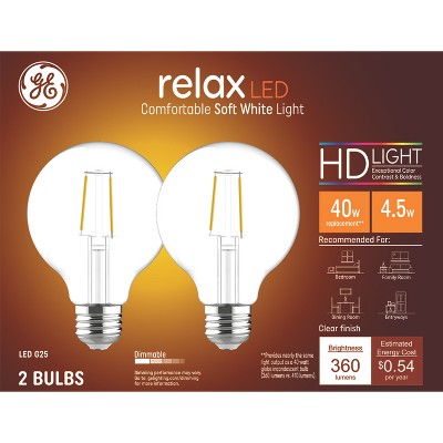 GE 2pk 40W Relax G25 LED Globe Light Bulbs Soft White: Dimmable, Energy Star, 13.7-Year Life, 360 Lumens, E26 Base