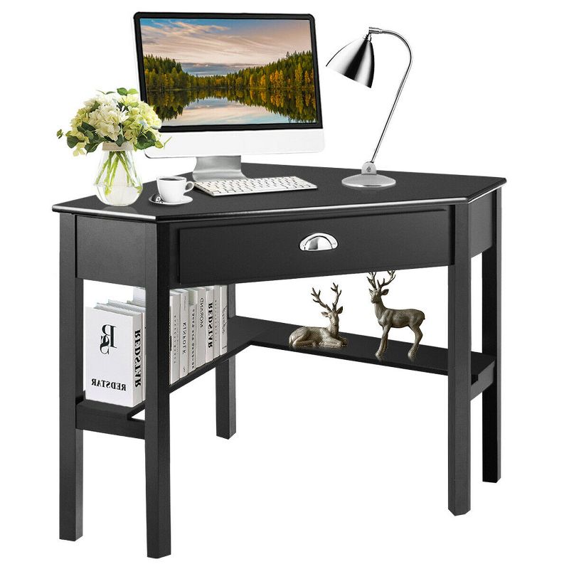 Costway Triangle Computer Desk Corner Office Desk Laptop Table w/ Drawer Shelves Rustic Black, 1 of 10