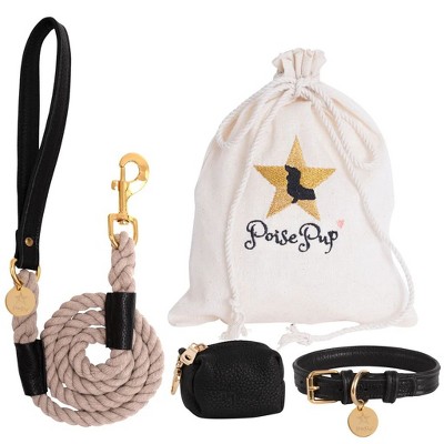 Luxurious Black Leather and Beige Cotton Rope Dog Leash