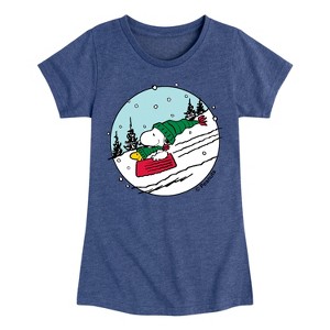 Girls' - Peanuts - Snoopy Woodstock Sled Fitted Short Sleeve Graphic T-Shirt - 1 of 4