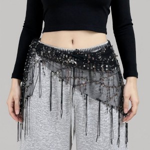Anna-Kaci Women's Sheer Mesh Sequin Fringe Hip Scarf Belt Wrap with Asymmetrical Hem 59in - Black - 1 of 4