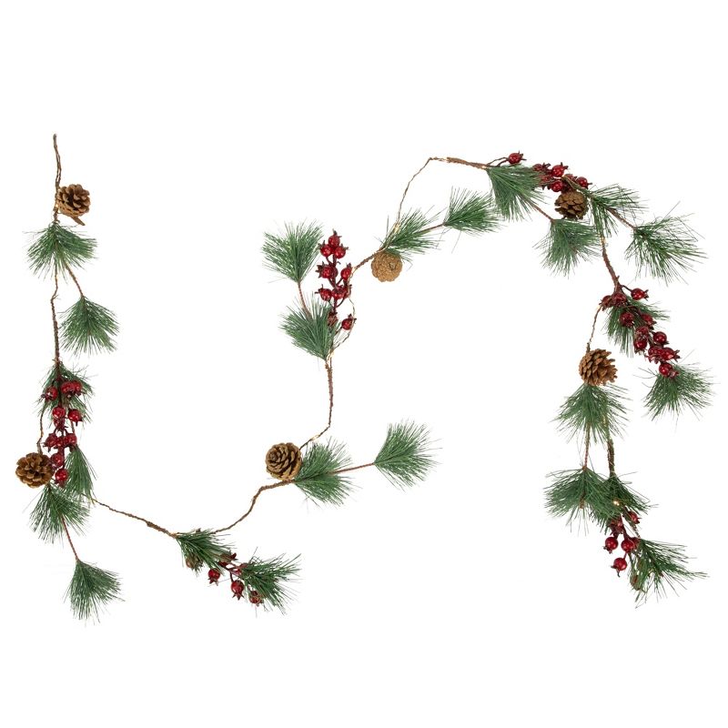 Northlight Pre-Lit Battery Operated Pine and Berry Christmas Garland - 6.5' - Warm White LED Lights, 1 of 7