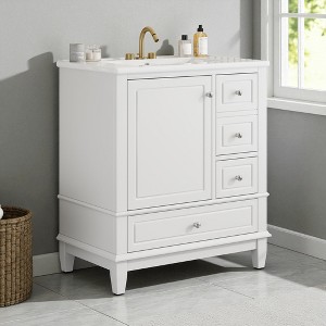 Mshliw 30" Bathroom Vanity with Ceramic Sink, 1 Soft-Close Door with Shelf & 3 Drawers, Freestanding MDF & Solid Wood Cabinet - 1 of 4