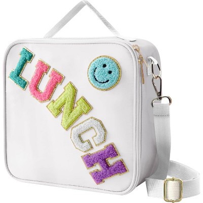 Insulated Lunch Bag With Adjustable Shoulder Strap, Nylon Preppy Lunch Box Reusable Lunch Tote Bag with Smiley Preppy LunchBag for Girls School