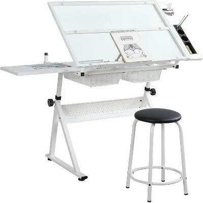 Glass Drafting Table Art Desk w/Drawers/Chair– Adjustable Professhional Artwork Drawing Drafting Table Desk, Glass-Topped Art Table for Home Office