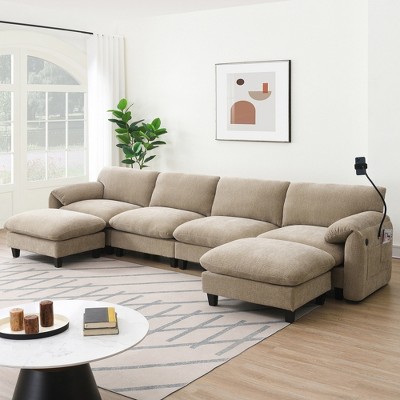 YOOCOZZ Sectional Sofa with Built-in Phone Holder and Charger, Side Storage Pockets, and Movable Ottoman